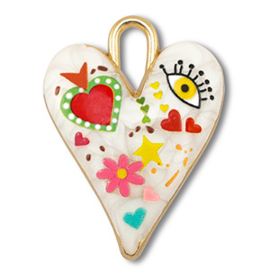 Bedels metaal met enamel hart White-multicolour-gold, 1 stuk