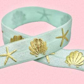 Elastich lint met schelpen Turquoise-gold 10mm, 30cm