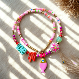 Acryl kralen rond met bloem Pearl-pink-yellow 15mm, per stuk