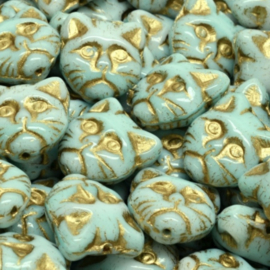 Cat head Beads 13mm Turquoise Gold, 4 stuks