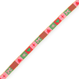 Lint met tekst kerst Light pink-red-green-gold, 1 meter