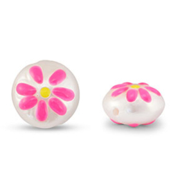 Acryl kralen rond met bloem Pearl-pink-yellow 15mm, per stuk