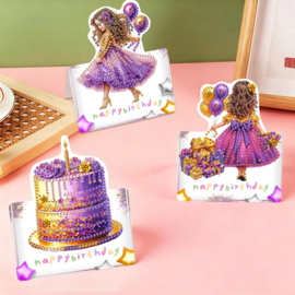 Diamond Painting Kaarten Pakket met 6  verjaardagskaartjes thema paars