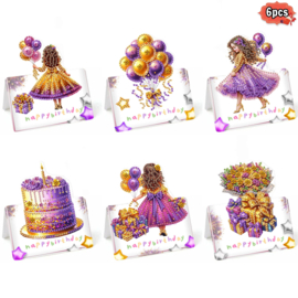 Diamond Painting Kaarten Pakket met 6  verjaardagskaartjes thema paars