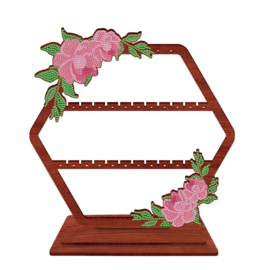 Diamond Painting  Oorbelrekje in Hout met roze Bloemen