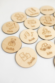 Houten opslag/speelgoed labels
