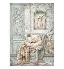 Stamperia Rice Paper A4 – White Christmas Cozy Bears