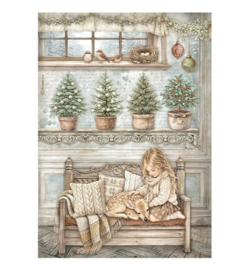 Stamperia Rice Paper A4 – White Christmas meisje en reekalf