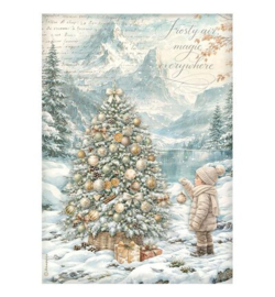 Stamperia Rice Paper A4 – White Christmas boom bij het meer
