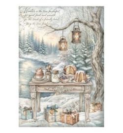 Stamperia Rice Paper A4 – White Christmas feesttafel bij het meer