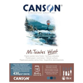 Canson Mi-Teintes Velvet pastelpapier, fluweelachtig oppervlak, 430 g/m², aan de korte zijde, 24 x 32 cm, 3 koele tinten, 12 vellen