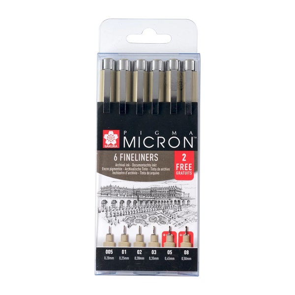 Sakura  Pigma Micron set 6 zwart 4+2