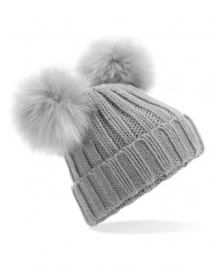 Muts dubbele pompon - Lichtgrijs