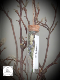 Glas buis met droogbloemen tekst: juf bedankt