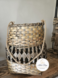 Windlicht groot naturel/zwart riet