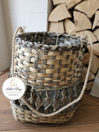 Windlicht groot naturel/zwart riet