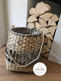 Windlicht groot naturel/zwart riet