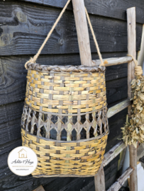 Windlicht groot naturel/zwart riet