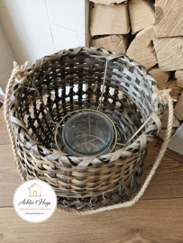 Windlicht groot naturel/zwart riet