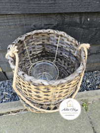 Windlicht groot naturel/zwart riet