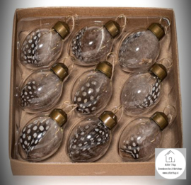 9 glazen eieren - hangers met veren
