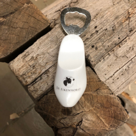 Flessenopener klomp 8,5 cm - wit + logo