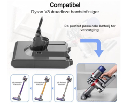 SIDANO® vervangende Accu / Batterij voor Dyson V8 Absolute, met filterset V8 Fluffy, V8 Animal 21.6V 4000 mAh Accu / Batterij