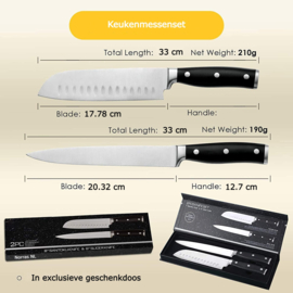 Keukenmes Set, 2-delige messen set - koksmes - Groentemes, Roestvrijstalen mes - RVS mes - scherp koksmes - Zwart