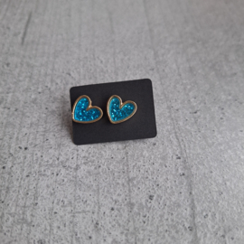 1 paar hartjes oorbellen blauw glitter