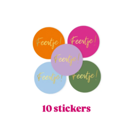 10x Sticker - FEESTJE ! -  Color Mix - 4cm - sluitsticker -  cadeausticker
