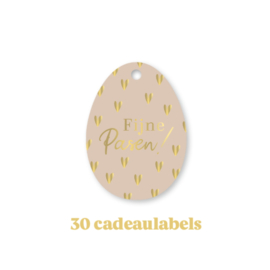 30x Cadeaulabel - VROLIJK PASEN - Beige - goudfolie - paasei - paashaas - kaartje
