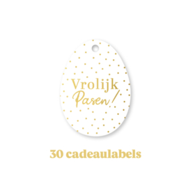 30x Cadeaulabel - VROLIJK PASEN -  wit - goudfolie - paasei - paashaas - kaartje