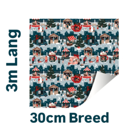 3m Cadeaupapier kerstdorp - zilver - blauw - kerstmis - kerst - 30cm breed - dubbelzijdig
