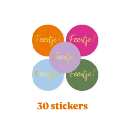 30x Sticker - FEESTJE ! -  Color Mix - 4cm - sluitsticker -  cadeausticker