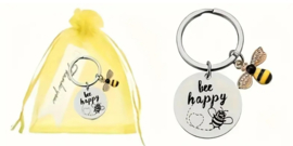 Sleutelhanger  Bee Happy - Vrolijk - opvrolijken - be happy - met zakje - Thank You label