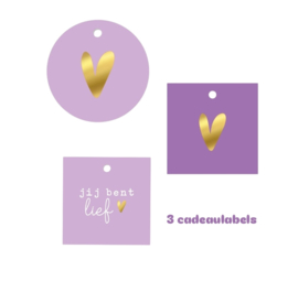3x Cadeaulabel paars MIX goudfolie