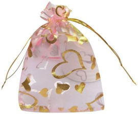 5x Organza zakje met hartjes Roze Goud