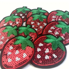 Embleem aardbei glitter - 5 x 5.5 cm - applicatie - opstrijken - strijken