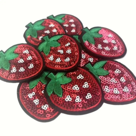 Embleem aardbei glitter - 5 x 5.5 cm - applicatie - opstrijken - strijken