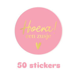 50x sticker - HOERA een zusje - geboorte - baby - Grote zus - leuk inpakken - Sluitstickers  - cadeausticker