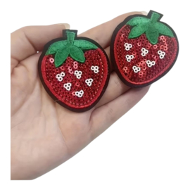 Embleem aardbei glitter - 5 x 5.5 cm - applicatie - opstrijken - strijken