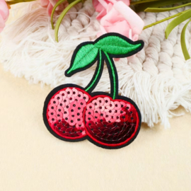 Embleem kers - kersen - cherry - glitter - 6 x 5.5 cm - applicatie - opstrijken - strijken