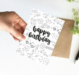 Nynke Ontwerpt Inkleurkaart Happy Birthday  Auto