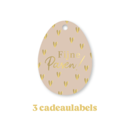 3x Cadeaulabel - VROLIJK PASEN -  Beige - goudfolie - paasei - paashaas - kaartje