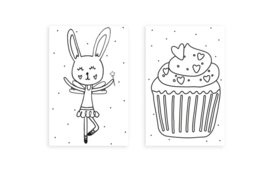 Nynke Ontwerpt Mini-kaart Inkleur kaartje konijn cupcake