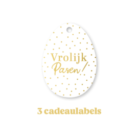 3x Cadeaulabel - VROLIJK PASEN -  wit - goudfolie - paasei - paashaas - kaartje
