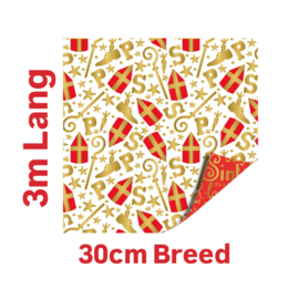 3m Cadeaupapier sinterklaas staf mijter goud - 30cm breed  - dubbelzijdig