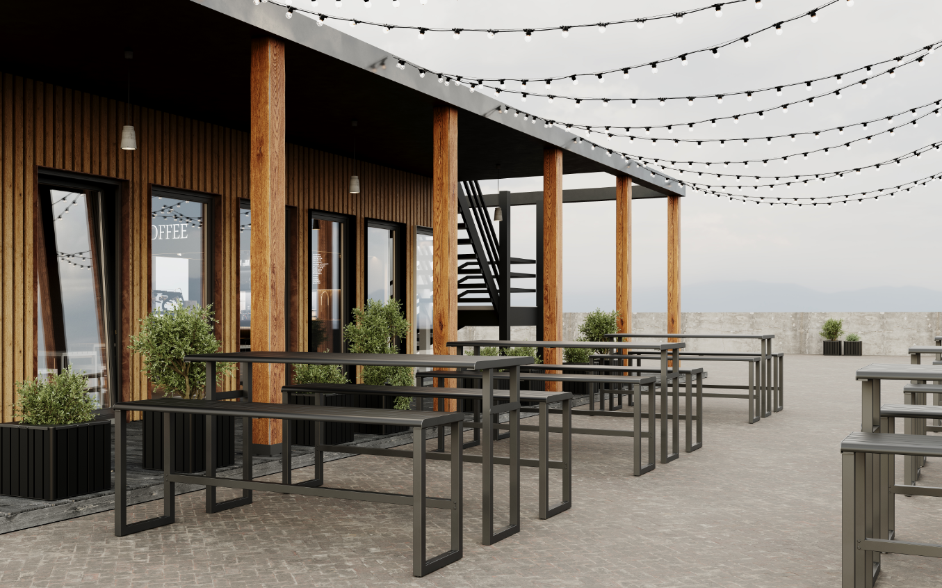 Urbantime.h24 picknick - Hoge tafel met banken van gepoedercoat staal