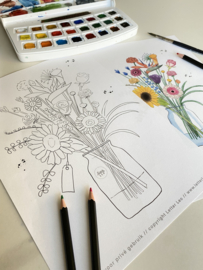 Kleurplaat vaas met bloemen (moederdag)
