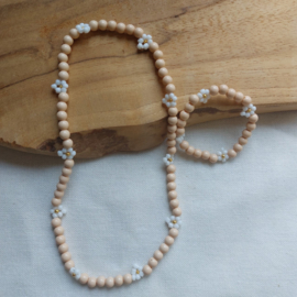 Bloemen Ketting + Armband Shiny Beige